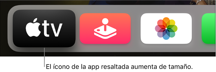 En la fila superior de la pantalla de inicio del Apple TV, la app Apple TV está resaltada.