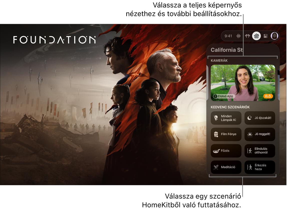 Az Apple TV képernyője a HomeKit lappal.