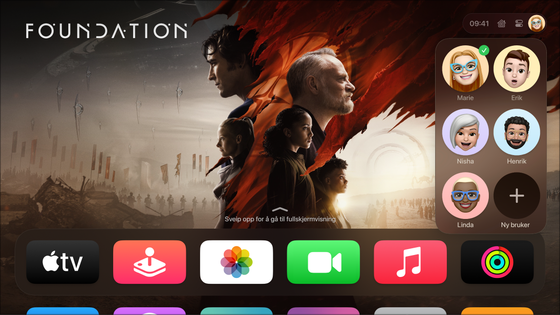 Apple TV-skjerm som viser profiler-fanen i Kontrollsenter.
