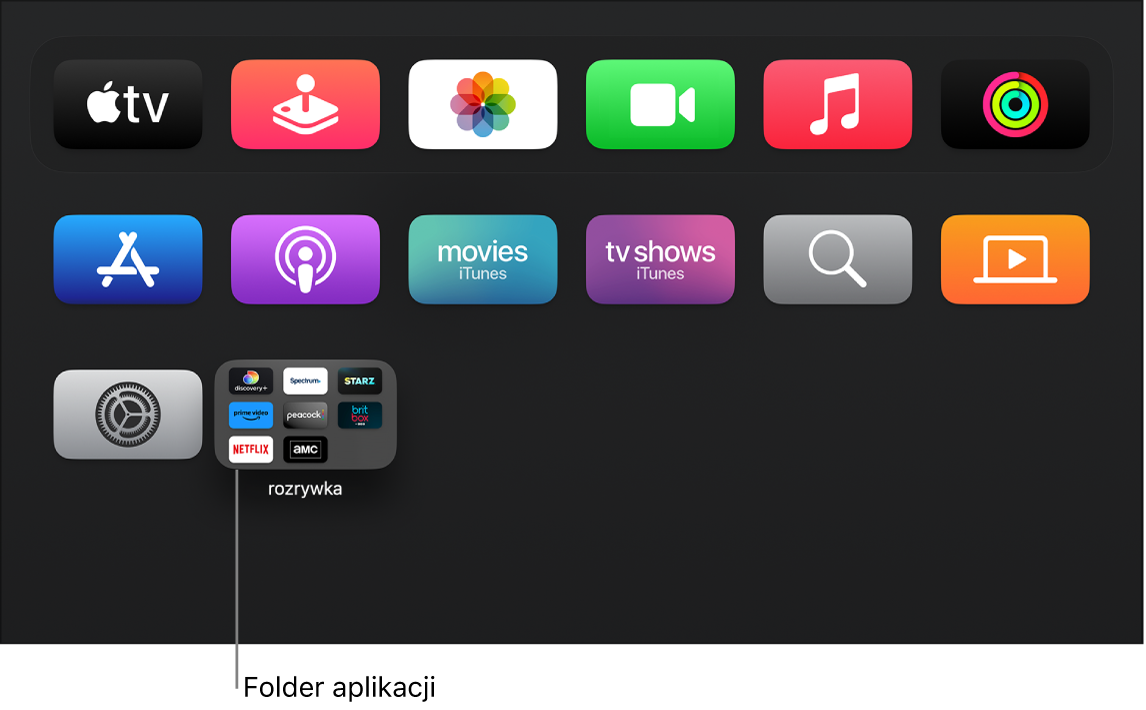 Ekran główny Apple TV z pokazanym folderem aplikacji.