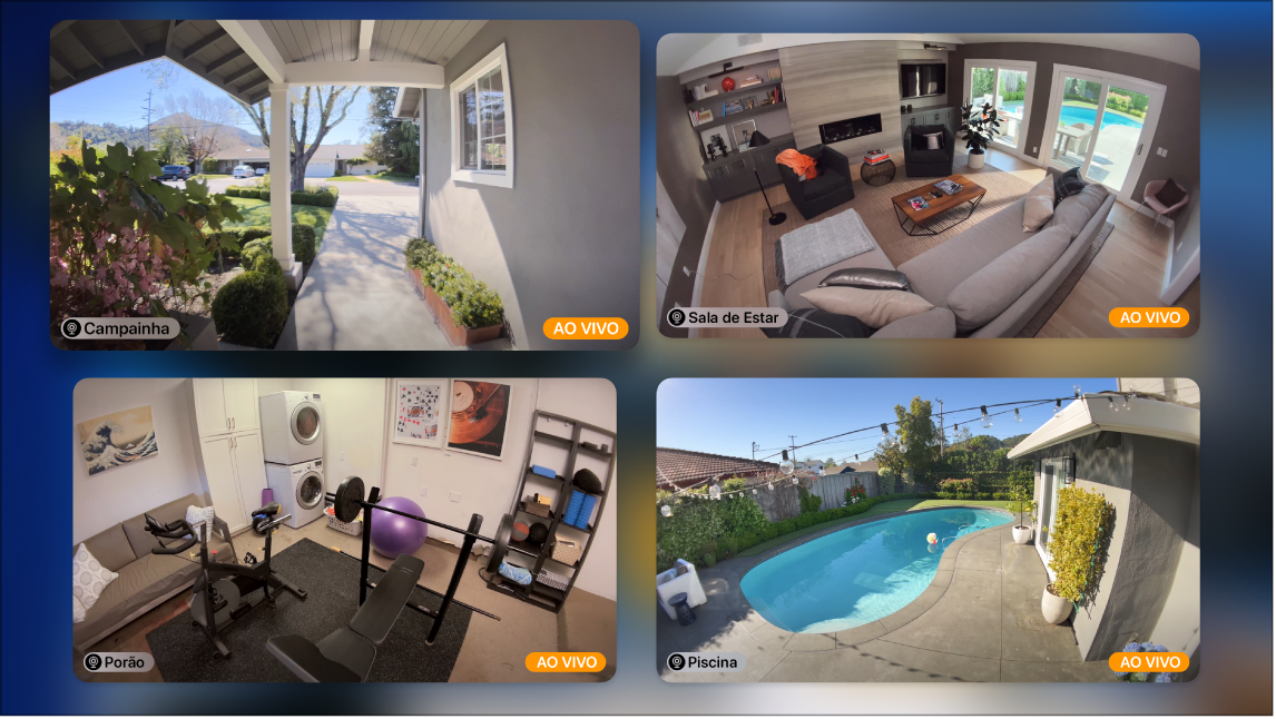 Tela da Apple TV mostrando várias câmeras na visualização do HomeKit.