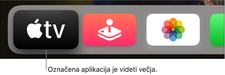 Aplikacija Apple TV je označena v zgornji vrstici domačega zaslona naprave Apple TV.