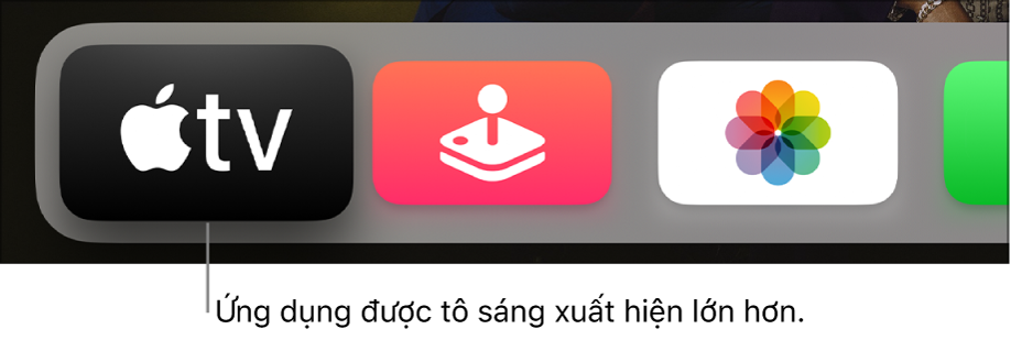 Ứng dụng Apple TV được tô sáng ở hàng trên cùng của Màn hình chính Apple TV.