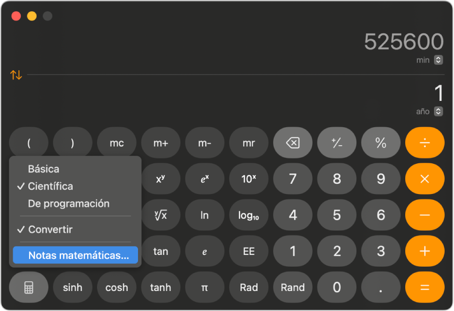 Una calculadora científica mostrando una conversión de minutos a años.