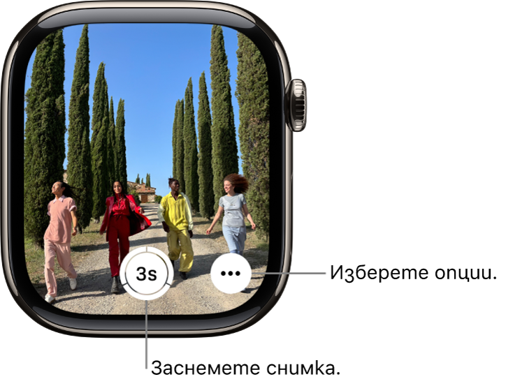 Екранът на Apple Watch показва това, което е в изгледа на камерата на iPhone. Бутонът за снимане е долу в центъра. Бутонът More Options (Повече опции) е долу вдясно.