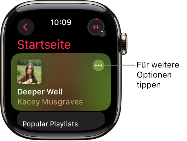 Die App „Musik“ mit dem Home-Bildschirm, auf dem ein Album angezeigt wird. Rechts ist die Taste „Weitere Optionen“. Oben rechts ist die Taste „Jetzt läuft“. Oben links ist die Taste „Zurück“.