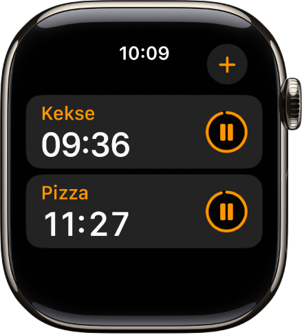 Zwei Timer in der App „Timer“. Jeder Timer zeigt die verbleibende Zeit unter dem Namen des Timers sowie rechts neben dem Timer eine Pausetaste. Oben rechts befindet sich die Taste „Hinzufügen“.