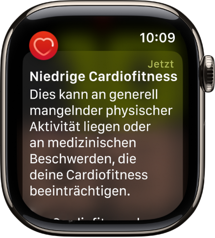 Eine Warnung der App „Herzfrequenz“ über eine niedrige Cardiofitness.