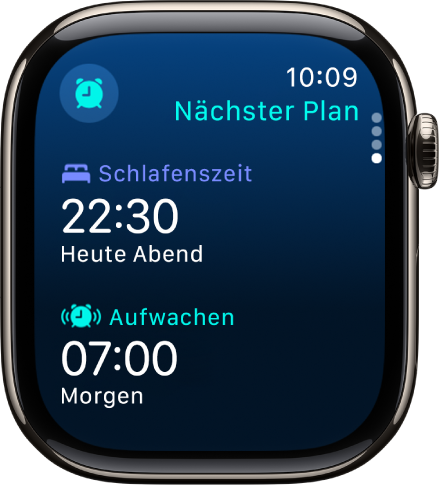 Die App „Schlaf“ auf der Apple Watch mit dem Schlafplan für den Abend. Oben wird „Schlafenszeit“ angezeigt, darunter befindet sich „Aufwecken“.