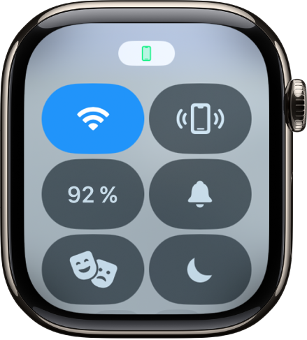 Das Kontrollzentrum mit dem Symbol für den Status „Verbunden“ oben zeigt an, dass die Apple Watch mit dem iPhone verbunden ist.