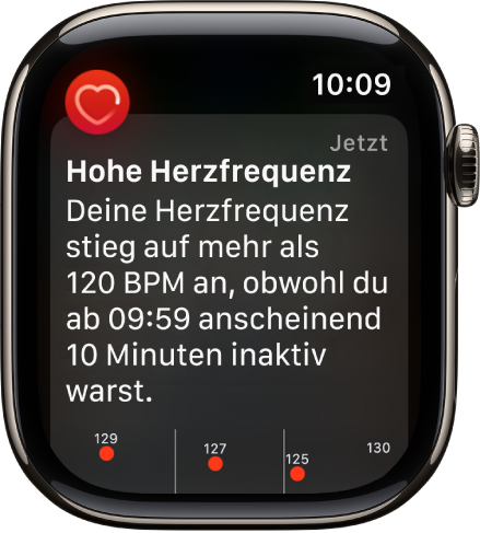 Eine Warnung der App „Herzfrequenz“ über eine hohe Herzfrequenz.