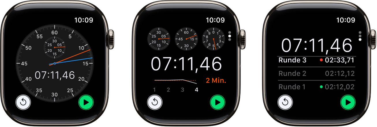Drei verschiedene Stoppuhren in der App „Stoppuhr“: Eine analoge Stoppuhr, eine hybride Stoppuhr mit Zeitanzeige in sowohl analoger als auch digitaler Form und eine digitale Stoppuhr mit einem Rundenzähler. Jede der Stoppuhren verfügt über eine Taste zum Starten und zum Zurücksetzen.