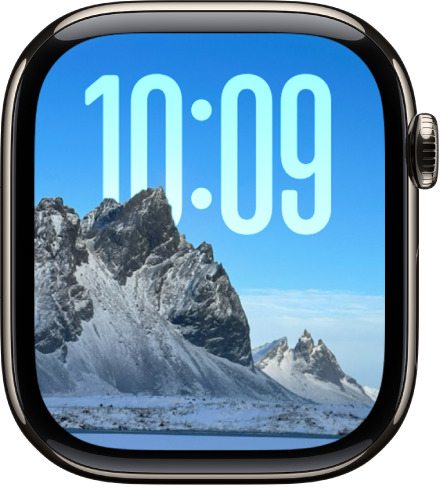 The Photos watch face showing a photo from your synced photo album. The date and time at the top.