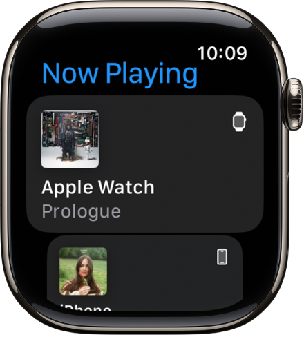 The Now Playing app showing a list of devices. Music playing on the Apple Watch is at the top of the list. An iPhone entry is below.