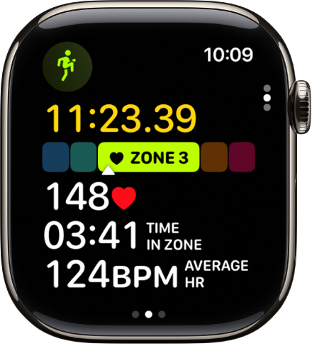 A running workout in progress shows the workout’s elapsed time, the zone you’re currently in, heart rate, time in zone, and average heart rate.