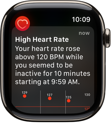 A Heart Rate Alert screen indicating that a high heart rate has been detected.