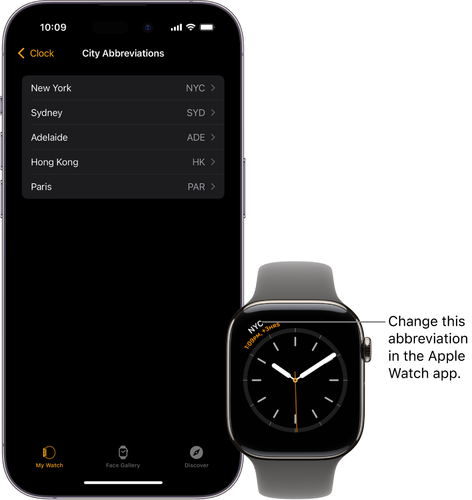 An iPhone and Apple Watch, side by side. The Apple Watch screen shows the time in New York City, using the abbreviation NYC. The iPhone screen shows the list of cities in Clock settings in the Apple Watch app.