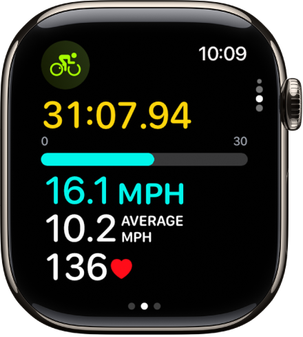 The Workout screen showing the metrics for an outdoor cycle workout.