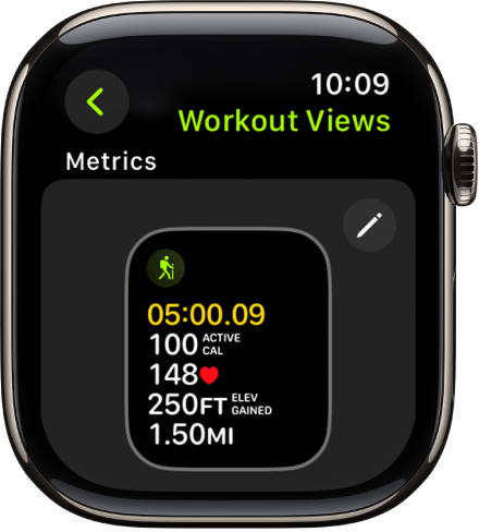 The Workout Views screen, showing the Metrics workout view for a Hiking workout.