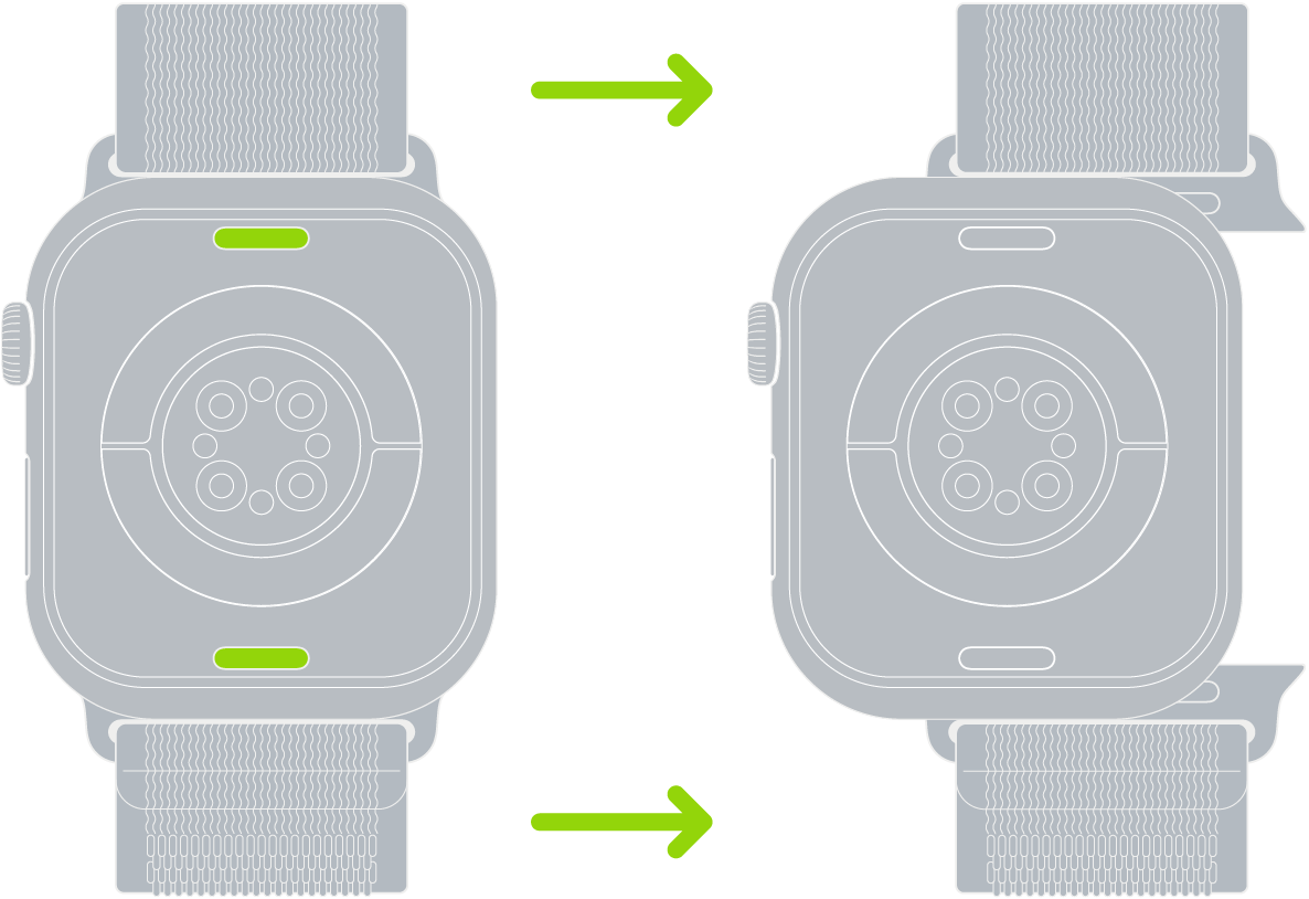 Dos imágenes del Apple Watch. La imagen de la izquierda muestra el botón para retirar la correa. La imagen de la derecha muestra la mitad de una correa insertada en la ranura para correas.