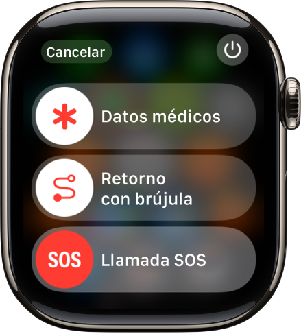 La pantalla de servicios de emergencia. Cerca de la parte superior está el regulador de datos médicos, en el medio está el regulador Retorno de Brújula y en la parte inferior está el regulador “Emergencia SOS”.