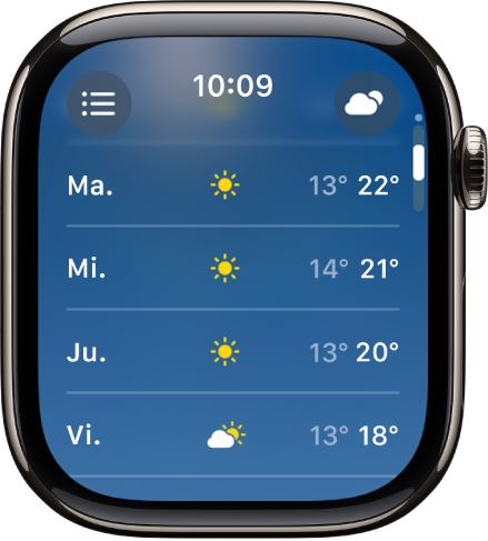 La pantalla del pronóstico de 10 días, con cuatro días de temperaturas mínima y máxima previstas.