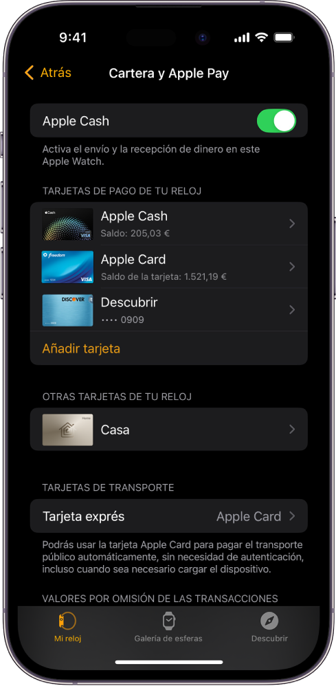 Una pantalla del iPhone que muestra los ajustes de “Cartera y Apple Pay” en la app Apple Watch.