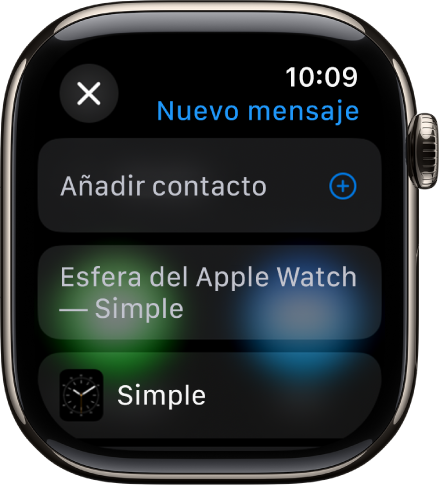 La pantalla del Apple Watch, con un mensaje para compartir una esfera con el nombre del destinatario arriba. Debajo están el botón “Añadir contacto” y el nombre de la esfera.