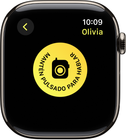 La pantalla Walkie-talkie, con un gran botón Hablar en el medio. El botón Hablar dice “Mantén pulsado para hablar”.