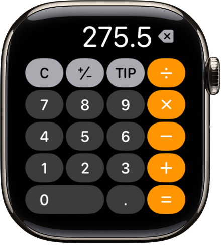 Apple Watch kuvab rakendust Calculator. Ekraanil kuvatakse tüüpilist numbriklahvistikku, mille vasakul küljel on matemaatilised funktsioonid. Ülaosas on nupud C, pluss või miinus ning jootrahanupp.