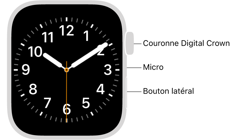 L’avant de l’Apple Watch Series 9, avec l’écran affichant le cadran, et sur le côté de la montre, de haut en bas, la Digital Crown, le micro et le bouton latéral.