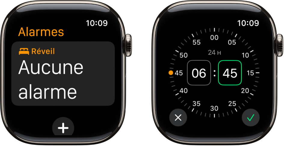 Deux cadrans montrant comment ajouter une alarme : il suffit de toucher « Ajouter une alarme », toucher les heures ou les minutes (et AM ou PM, le cas échéant), faire tourner la Digital Crown pour régler l’heure, puis toucher le bouton en forme de coche.