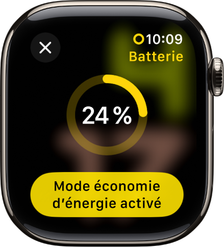 L’écran Mode économie d’énergie avec un anneau jaune en partie rempli indiquant la charge restante. Le bouton Mode économie d’énergie activé figure en bas de l’écran.