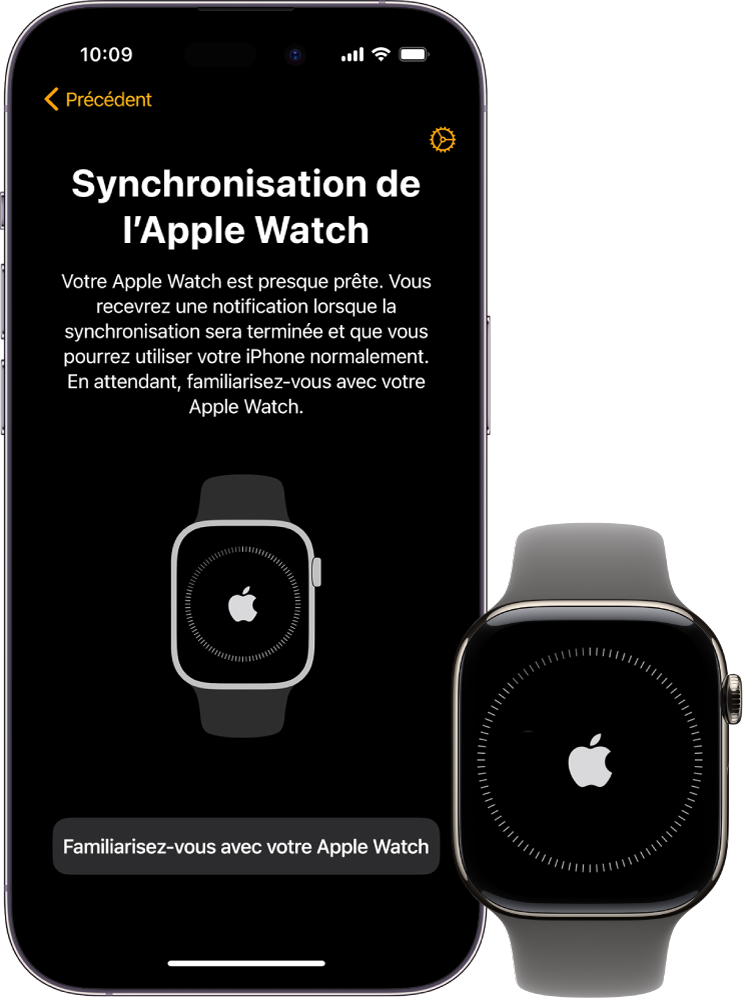 Un iPhone et une Apple Watch, côte à côte. L’écran de l’iPhone affiche « Synchronisation de l’Apple Watch ». L’Apple Watch affiche l’avancement de la synchronisation.