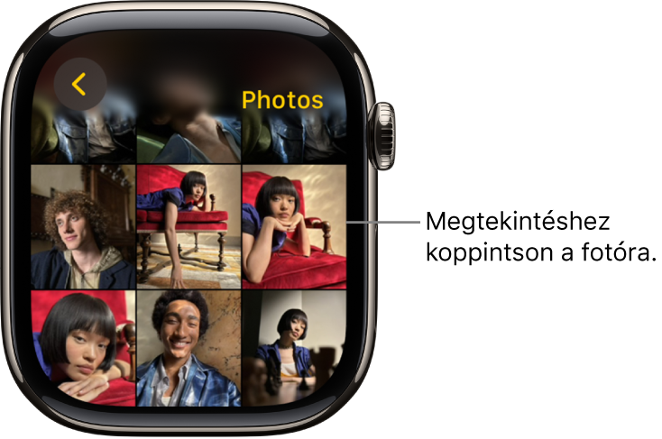 Az Apple Watch Fotók appjának főképernyője, amelyen fotók láthatók egy rácsban.