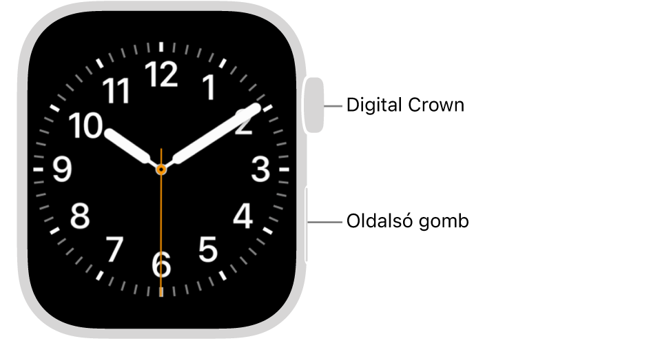 Az Apple Watch előlapja a Digital Crownnal a Watch jobb felső, és az oldalsó gombbal a Watch jobb alsó részén.