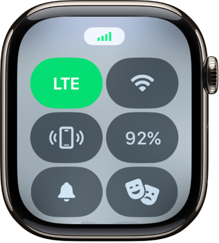 Pusat Kontrol di Apple Watch yang menampilkan seluler dinyalakan dan tombol untuk Wi-Fi, Ping iPhone, Baterai, Mode Hening, dan Mode Teater.