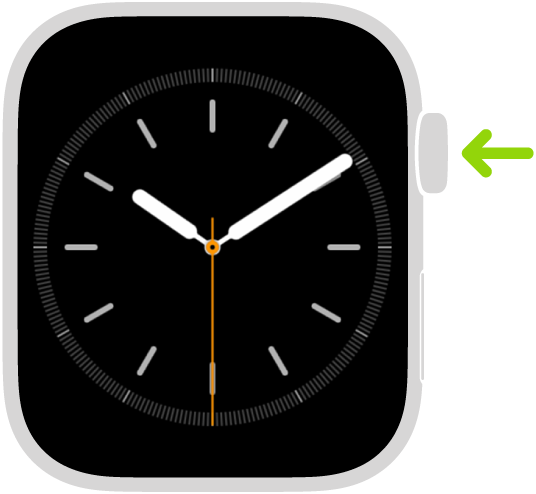 Illustrazione di Apple Watch con una freccia che indica la Digital Crown in alto a destra.