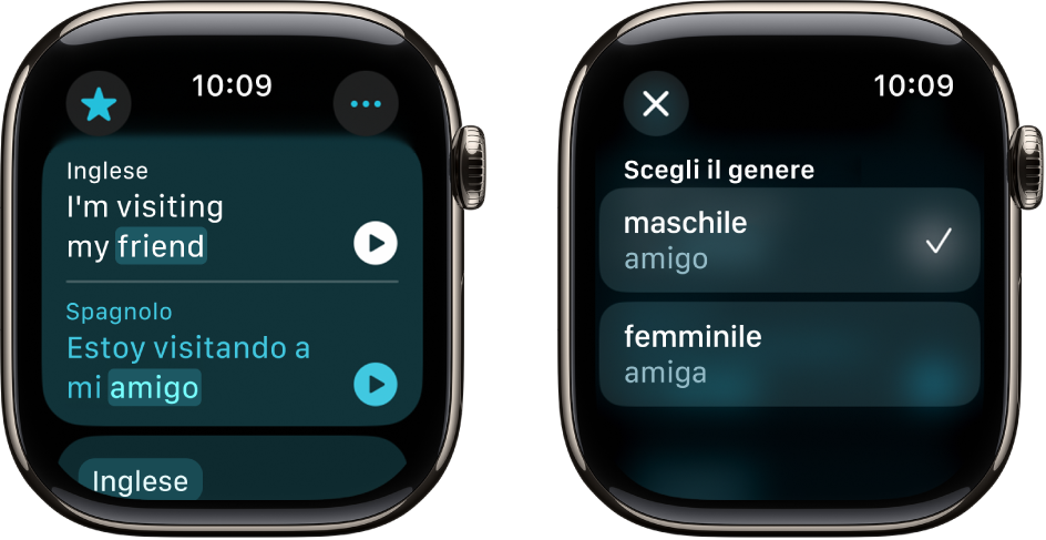 Due schermate dell’app Traduci, la prima mostra una frase in inglese in alto e la traduzione in spagnolo in basso. Nella seconda schermata, una parola è evidenziata e sono presenti i diversi generi grammaticali.