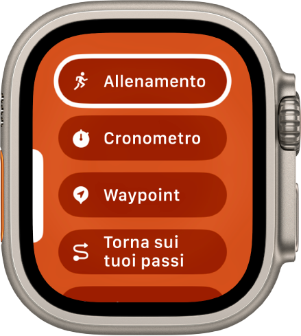 La schermata di scambio rapido che mostra le azioni che possono essere assegnate al tasto Azione, come Allenamento, Cronometro e Waypoint.