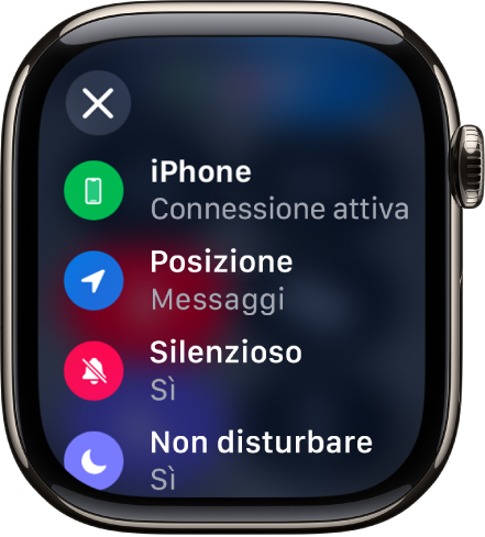 I dettagli dello stato, con l’iPhone connesso, Localizzazione in uso da Messaggi, la modalità Silenzioso attiva e “Non disturbare” attivo.