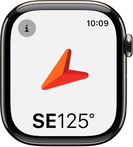 L’app Bussola con una grande freccia che mostra la direzione in basso. Il pulsante Info è in alto a sinistra.