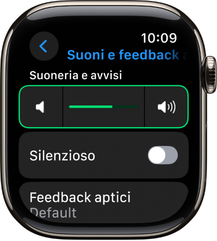 Le impostazioni “Suoni e feedback aptico” su Apple Watch con il cursore “Volume avvisi” in alto e l’interruttore Silenzioso sotto.