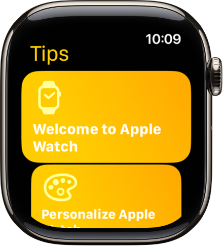 Lietotnē TIPS redzama padomu kolekcija, piemēram, Welcome to Apple Watch.