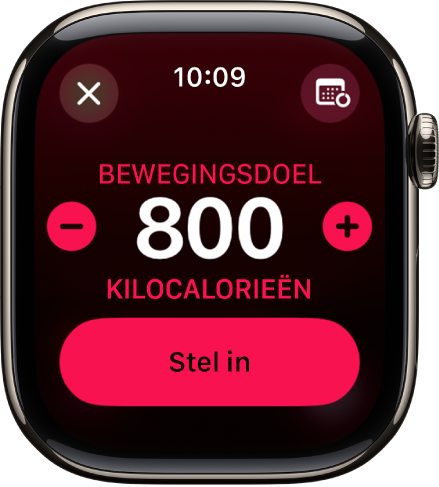 Het scherm 'Wijzig doelen' met knoppen om het bewegingsdoel te verhogen of te verlagen.
