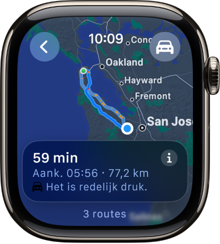 De Kaarten-app met een overzicht van een autoroute. Onderin is de eerste etappe van de route te zien.