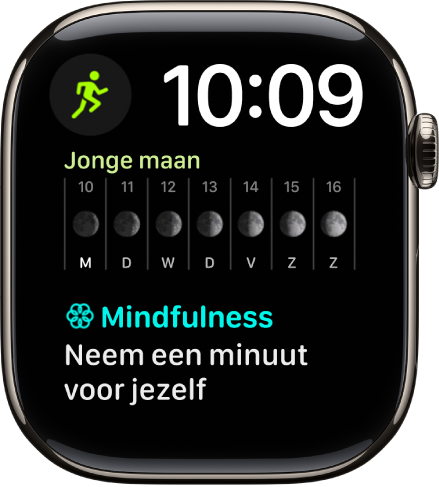 De wijzerplaat Modulair Duo, met rechtsbovenin een digitale klok en drie complicaties: linksboven Work-out, in het midden Maanstand en onderin Mindfulness.