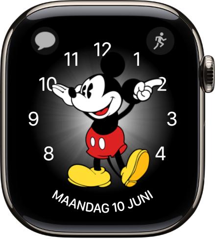 De wijzerplaat Mickey Mouse, waaraan je een groot aantal complicaties kunt toevoegen. Er worden drie complicaties weergegeven: linksboven Berichten, rechtsboven Work-out en onderin de datum.