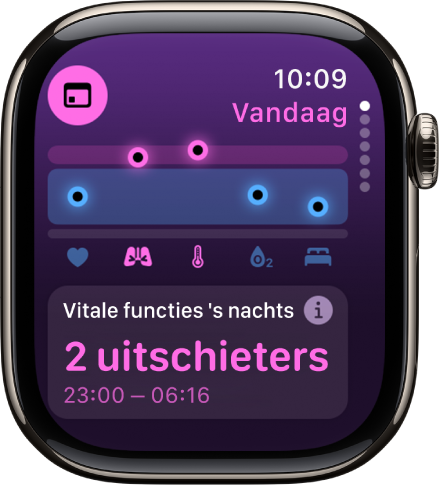 Een scherm in de app Vitale functies met twee uitschieters in de nachtmetingen.