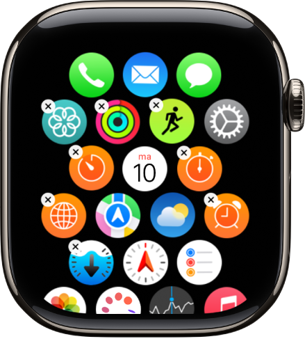 Het scherm 'Rangschikking' in de Apple Watch-app toont een raster met apps.